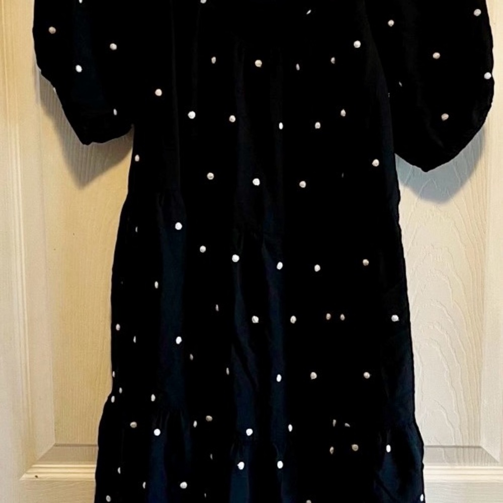 LOFT Black Polka Dot Tiered Puff Sleeve Square Neck Mini Dress Womens Medium - Picture 11 of 12